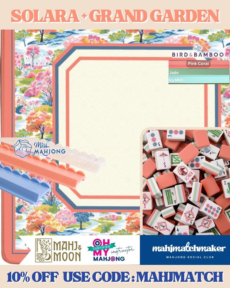 Oh My Mahjong Solara mahjong tiles with Mahj & Moon Grand Garden mahjong mat