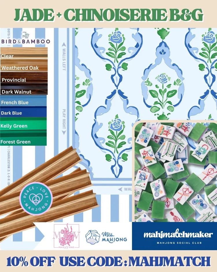Miss Mahjong Jade mahjong tiles with Mahj & Vine Chinoiserie Blue & Green mahjong mat