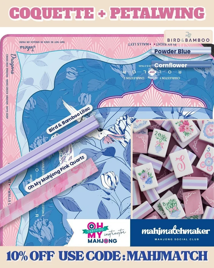 LoveShackFancy Coquette mahjong tiles with Virora Mahjong Petalwing mahjong mat