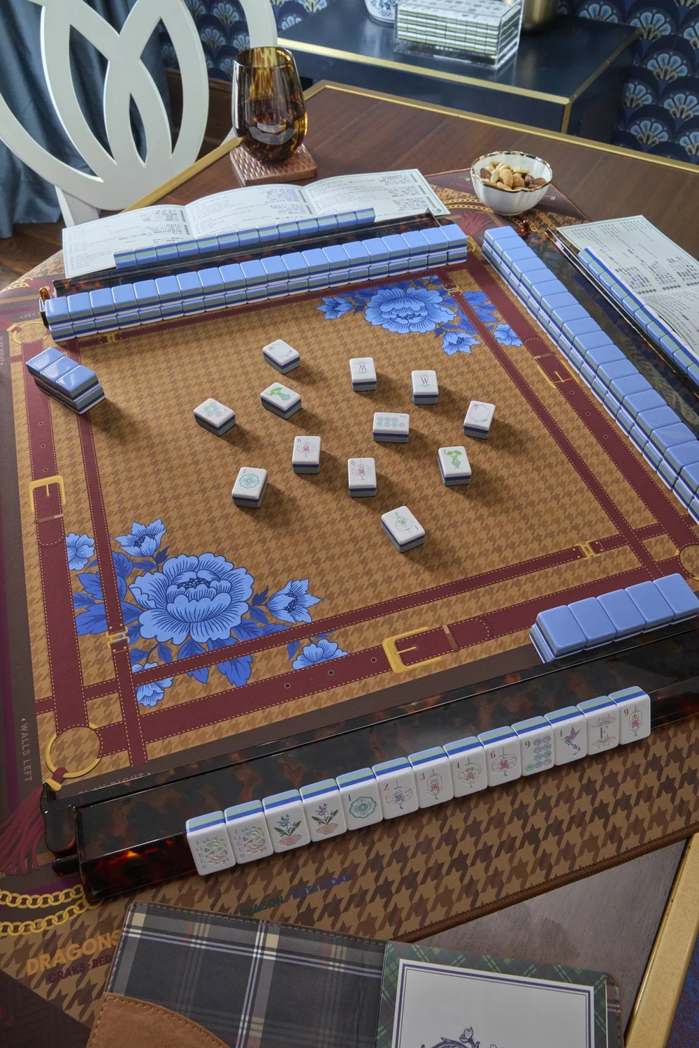 Oh My Mahjong Moonlight mahjong tiles at the table: Moonlight on the Oh My Mahjong Palomino mat · photo: Oh My Mahjong