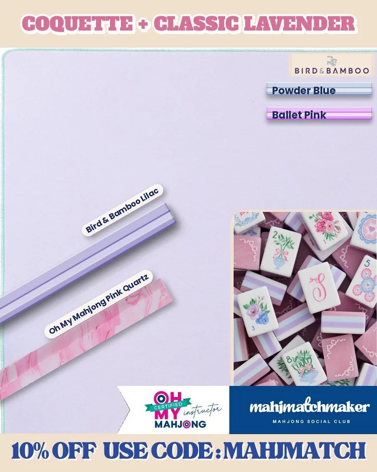 LoveShackFancy Coquette mahjong tiles with Bam Bird Boutique Classic Neoprene in Lavender mahjong mat