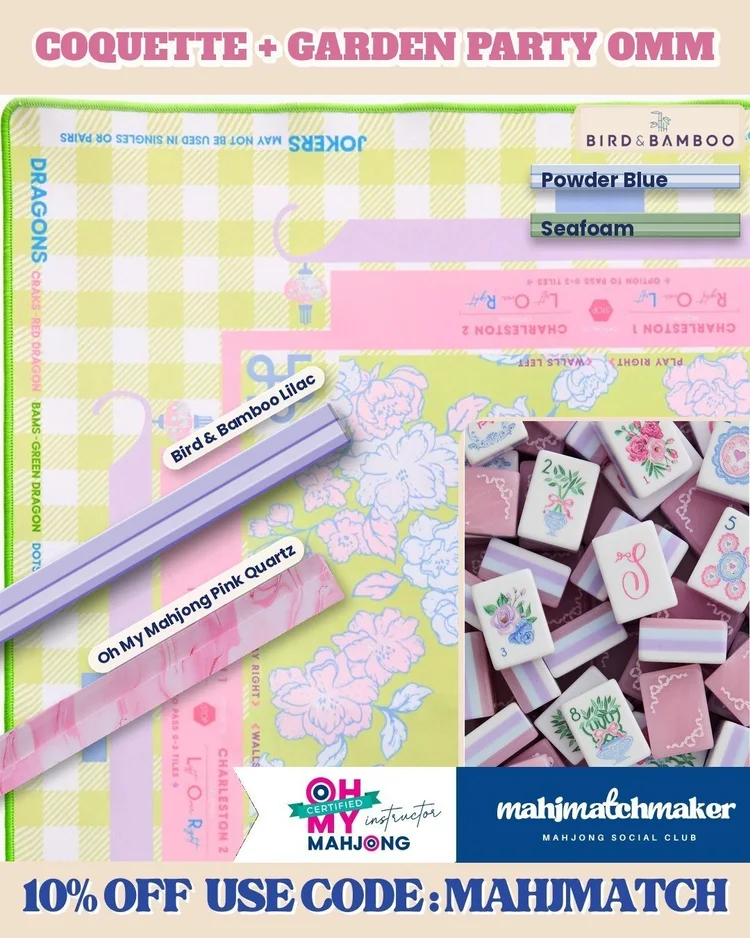 LoveShackFancy Coquette mahjong tiles with Oh My Mahjong Garden Party mahjong mat