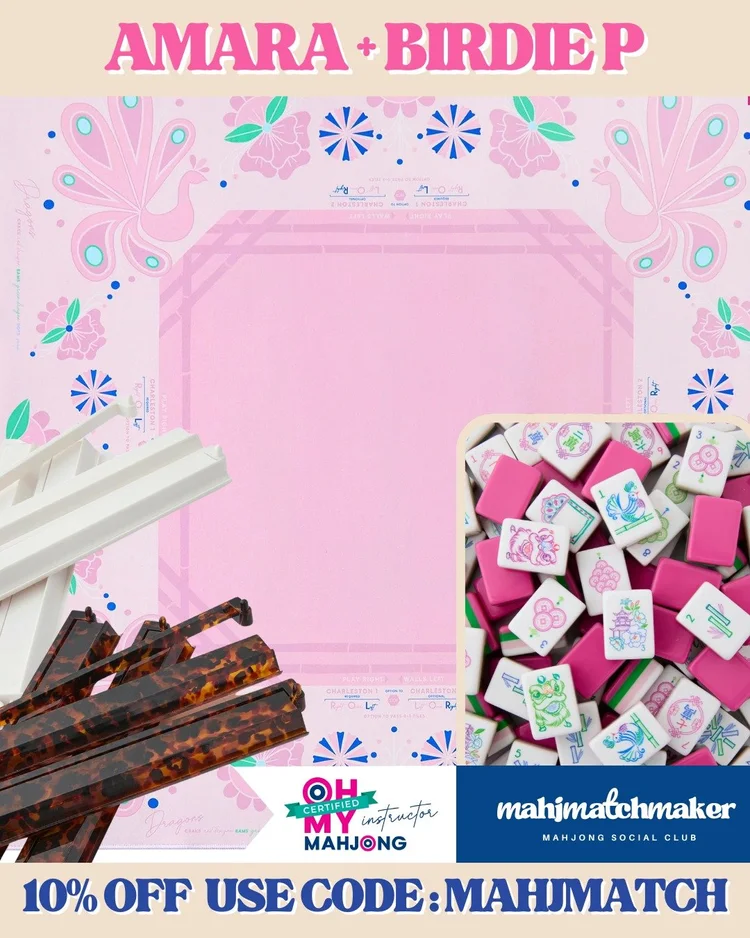 Oh My Mahjong Amara mahjong tiles with Oh My Mahjong Birdie Pink mahjong mat