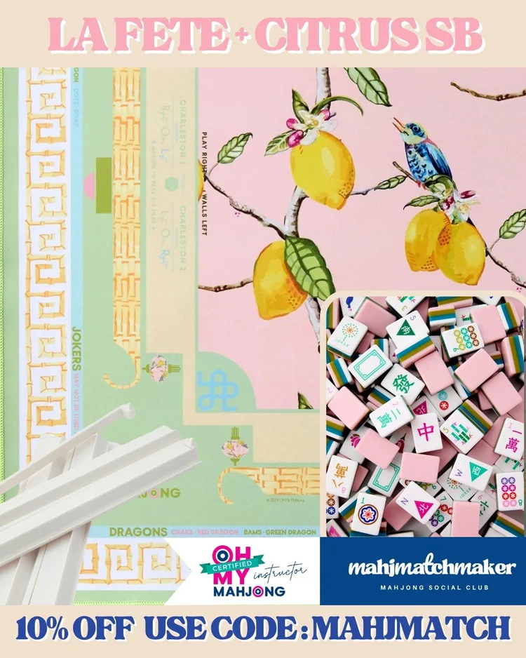 Oh My Mahjong La Fete mahjong tiles with Oh My Mahjong Citrus Songbird mahjong mat