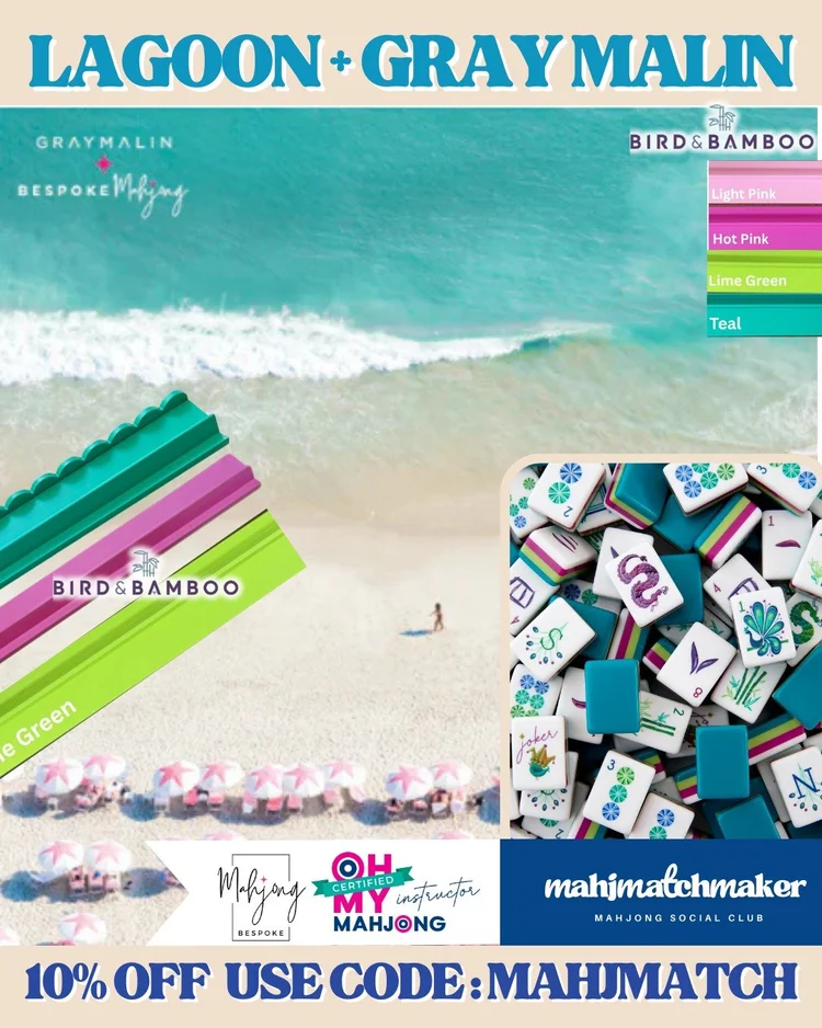 Oh My Mahjong Lagoon mahjong tiles with Bespoke Mahjong Gray Malin mahjong mat