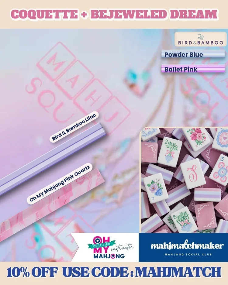 LoveShackFancy Coquette mahjong tiles with Mahj Squad Bejeweled Dream mahjong mat