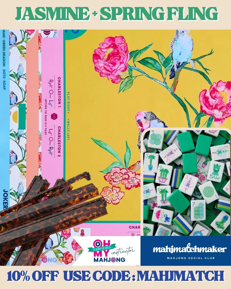 Oh My Mahjong Jasmine mahjong tiles with Oh My Mahjong Spring Fling mahjong mat