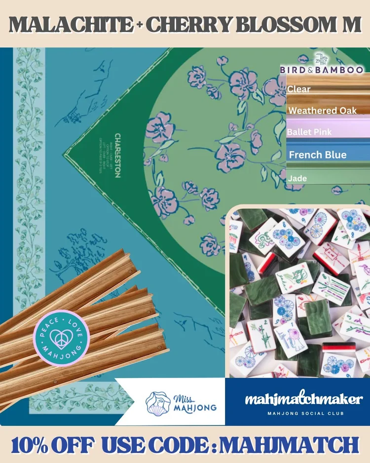Miss Mahjong Malachite mahjong tiles with Miss Mahjong Cherry Blossom Malachite mahjong mat