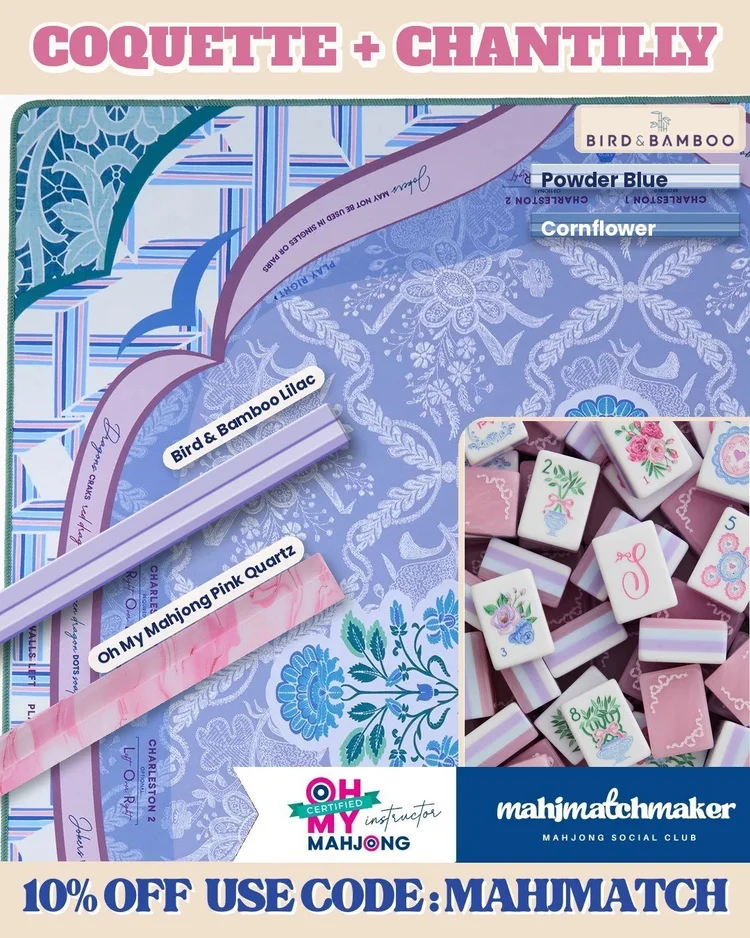 LoveShackFancy Coquette mahjong tiles with Oh My Mahjong Chantilly mahjong mat