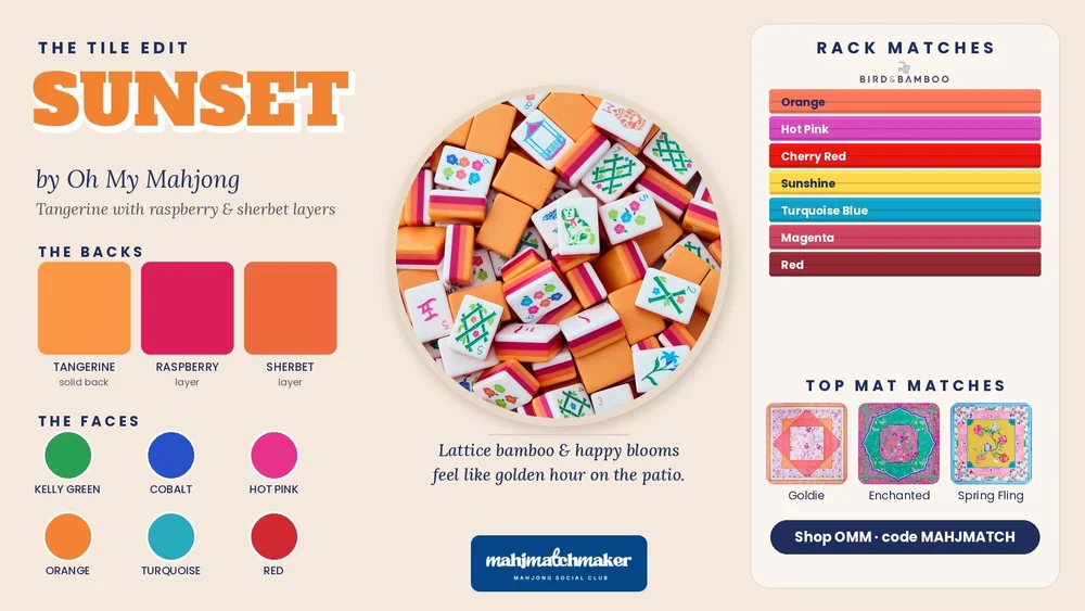 Sunset mahjong tiles color card with rack and mat matches