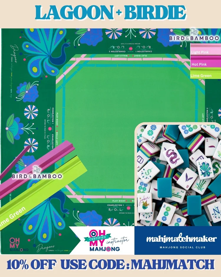 Oh My Mahjong Lagoon mahjong tiles with Oh My Mahjong Birdie mahjong mat
