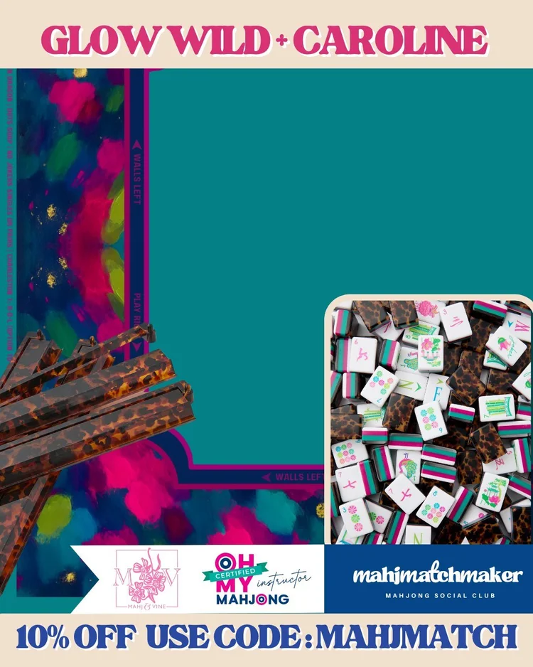 Oh My Mahjong Glow Wild mahjong tiles with Mahj & Vine Caroline mahjong mat