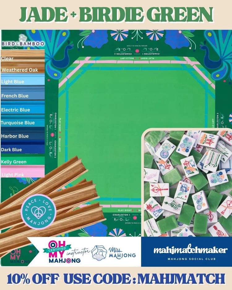 Miss Mahjong Jade mahjong tiles with Oh My Mahjong Birdie Green mahjong mat