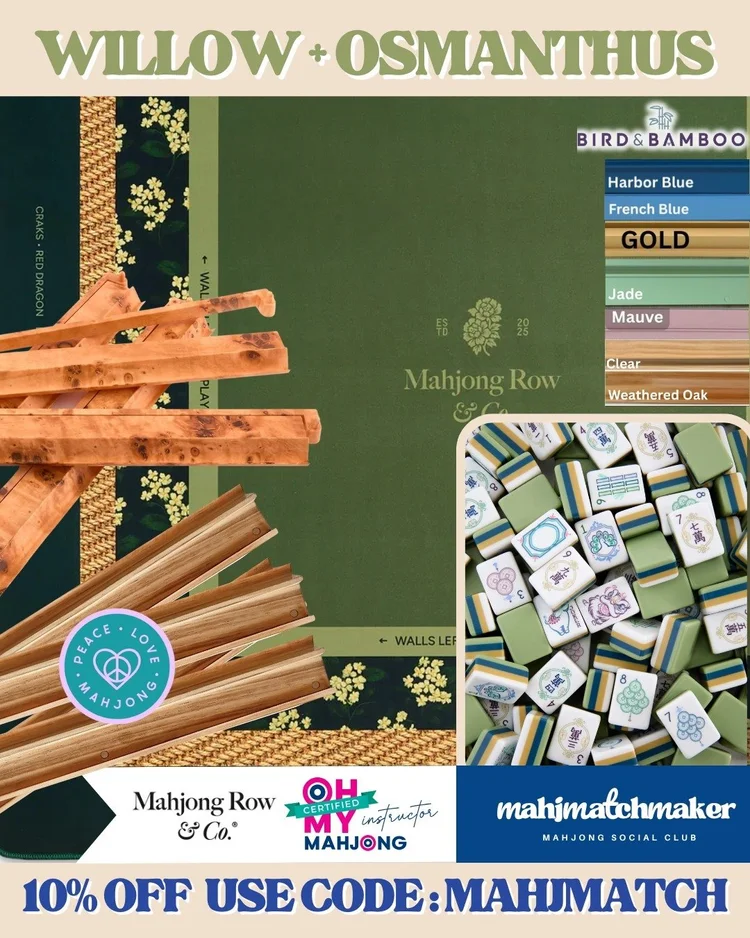 Oh My Mahjong Willow mahjong tiles with Mahjong Row & Co. Osmanthus mahjong mat