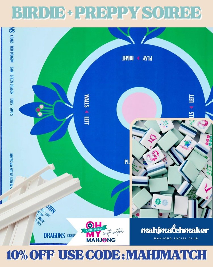 Oh My Mahjong Birdie mahjong tiles with Oh My Mahjong Preppy Soiree mahjong mat