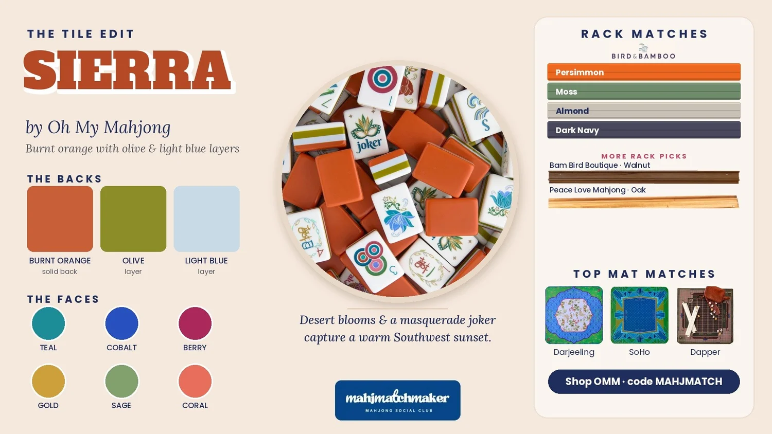 Sierra mahjong tiles color card with rack and mat matches