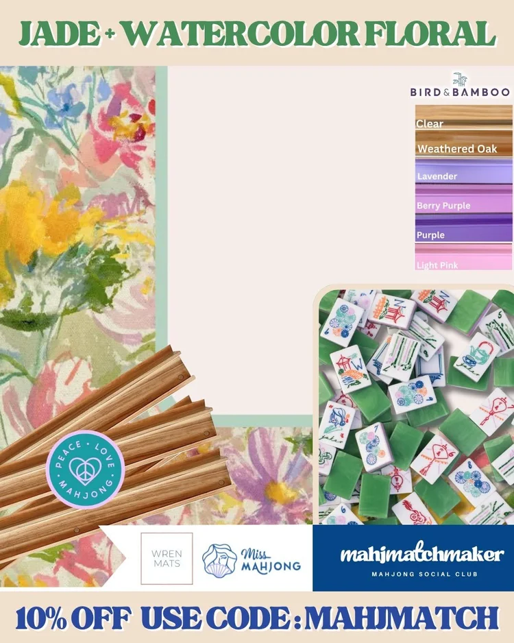 Miss Mahjong Jade mahjong tiles with Wren Mats Watercolor Floral mahjong mat