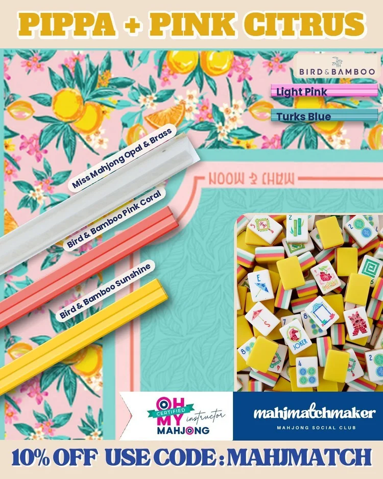Oh My Mahjong Pippa mahjong tiles with Mahj and Moon Pink Citrus mahjong mat