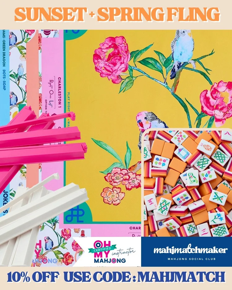 Oh My Mahjong Sunset mahjong tiles with Oh My Mahjong Spring Fling mahjong mat