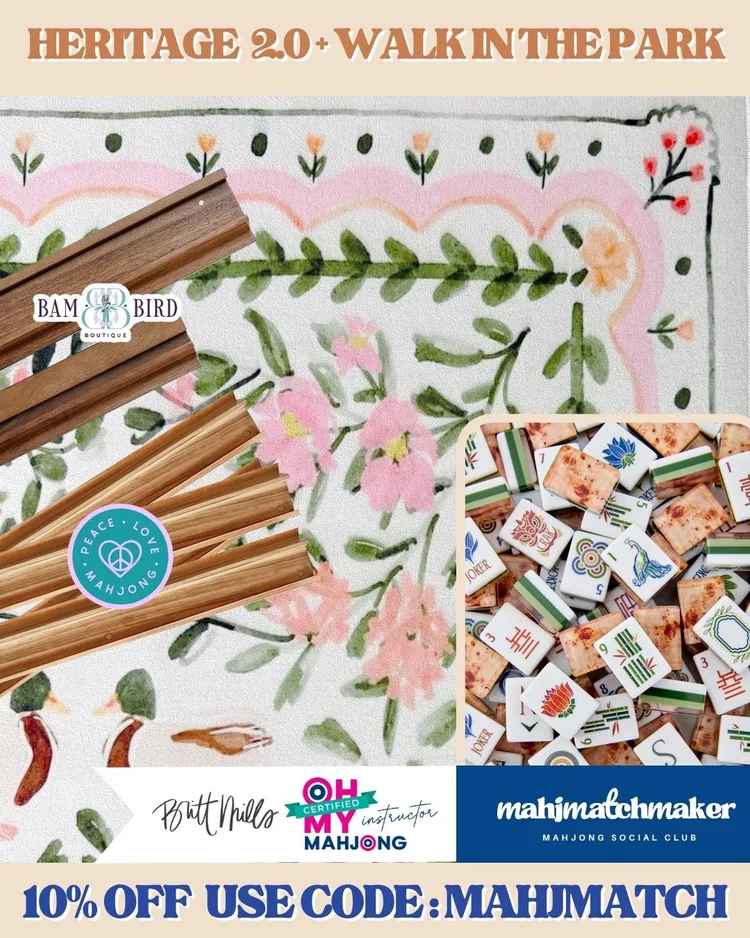 Oh My Mahjong Heritage 2.0 mahjong tiles with Britt Mills Walk in the Park mahjong mat