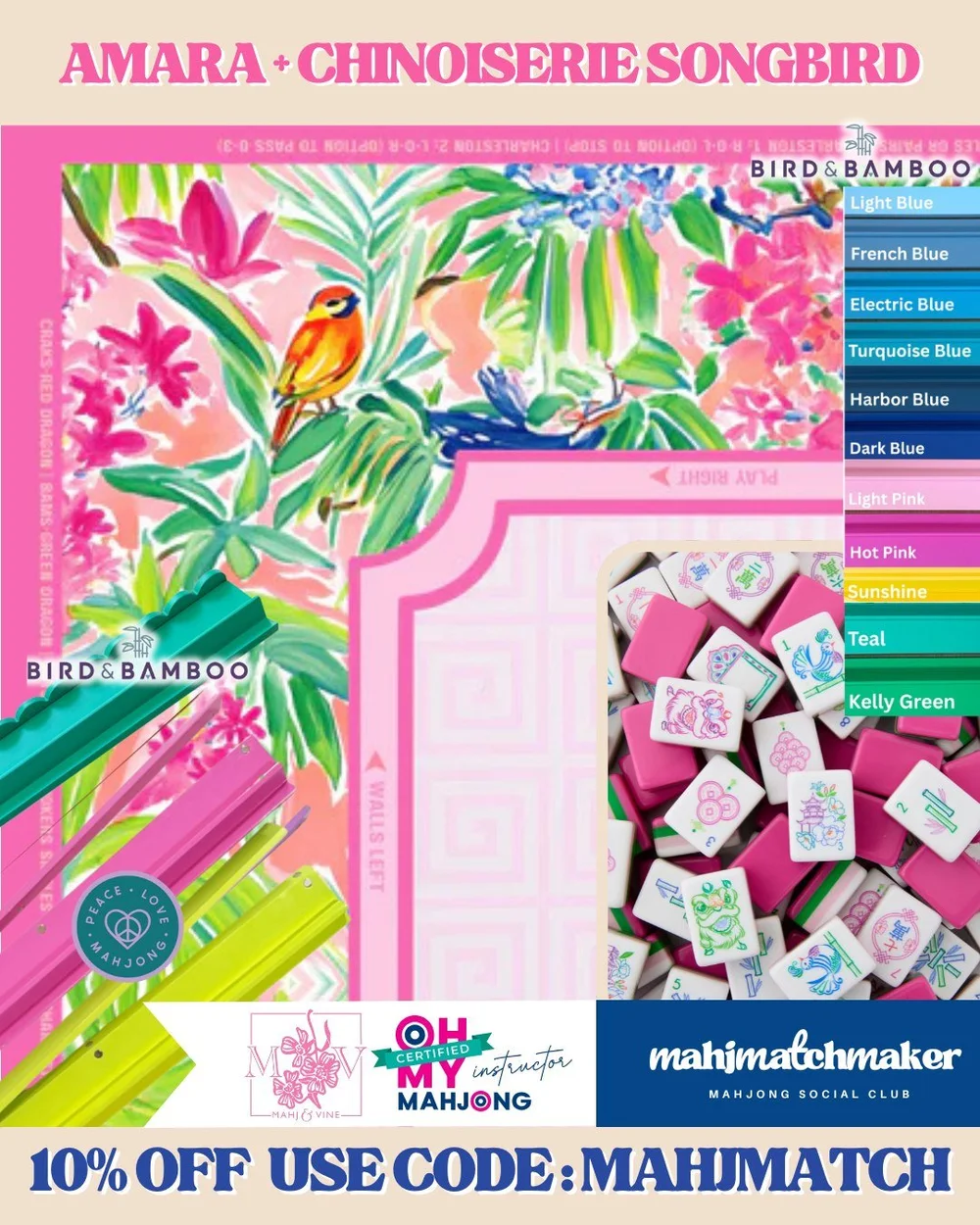 Oh My Mahjong Amara mahjong tiles with hot pink backs and a kelly green layer on the Mahj & Vine Chinoiserie Songbird mat