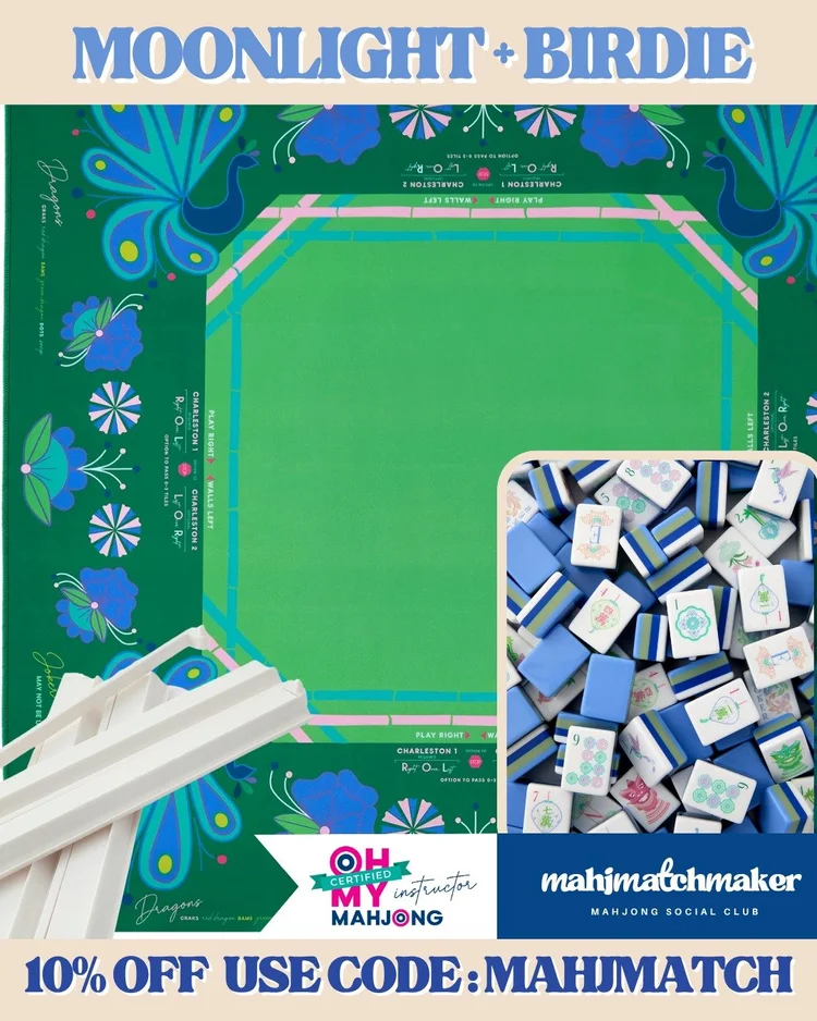 Oh My Mahjong Moonlight mahjong tiles with Oh My Mahjong Birdie mahjong mat
