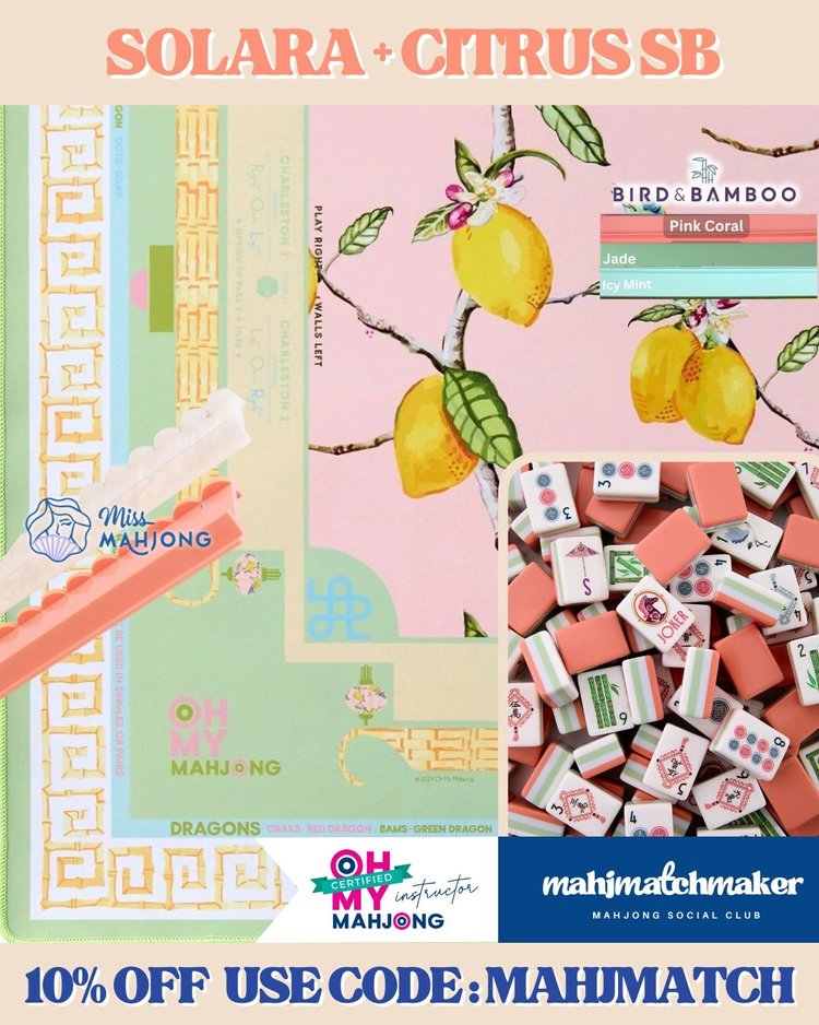 Oh My Mahjong Solara mahjong tiles with Oh My Mahjong Citrus Songbird mahjong mat