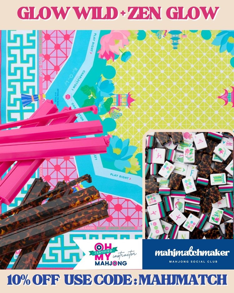 Oh My Mahjong Glow Wild mahjong tiles with Oh My Mahjong Zen Glow mahjong mat