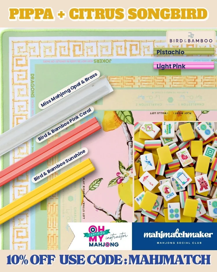 Oh My Mahjong Pippa mahjong tiles with Oh My Mahjong Citrus Songbird mahjong mat