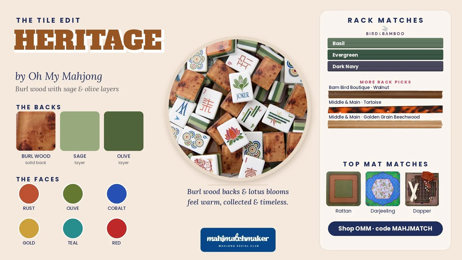Heritage mahjong tiles color card with rack and mat matches