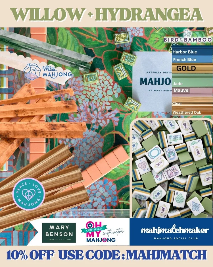 Oh My Mahjong Willow mahjong tiles with Mary Benson Hydrangea mahjong mat