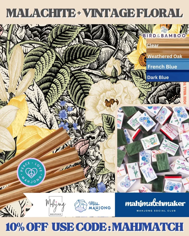 Miss Mahjong Malachite mahjong tiles with Bespoke Mahjong Vintage Floral mahjong mat