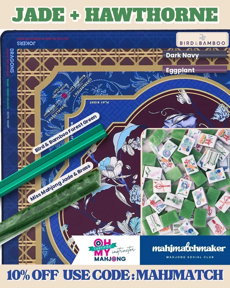 Miss Mahjong Jade mahjong tiles with Oh My Mahjong Hawthorne mahjong mat