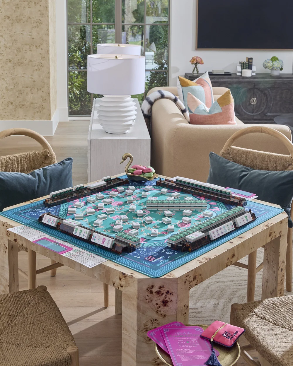 Oh My Mahjong Emerald mahjong tiles at the table: Emerald on the Oh My Mahjong Esme mat · photo: Oh My Mahjong