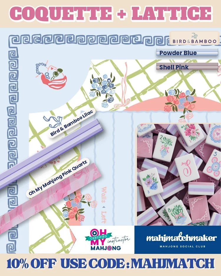 LoveShackFancy Coquette mahjong tiles with Miss Mahjong Lattice mahjong mat