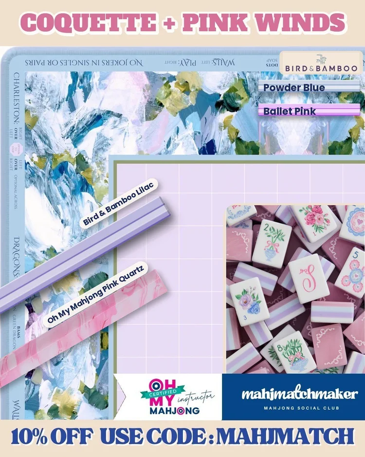 LoveShackFancy Coquette mahjong tiles with Amanda Toppe Pink Winds mahjong mat