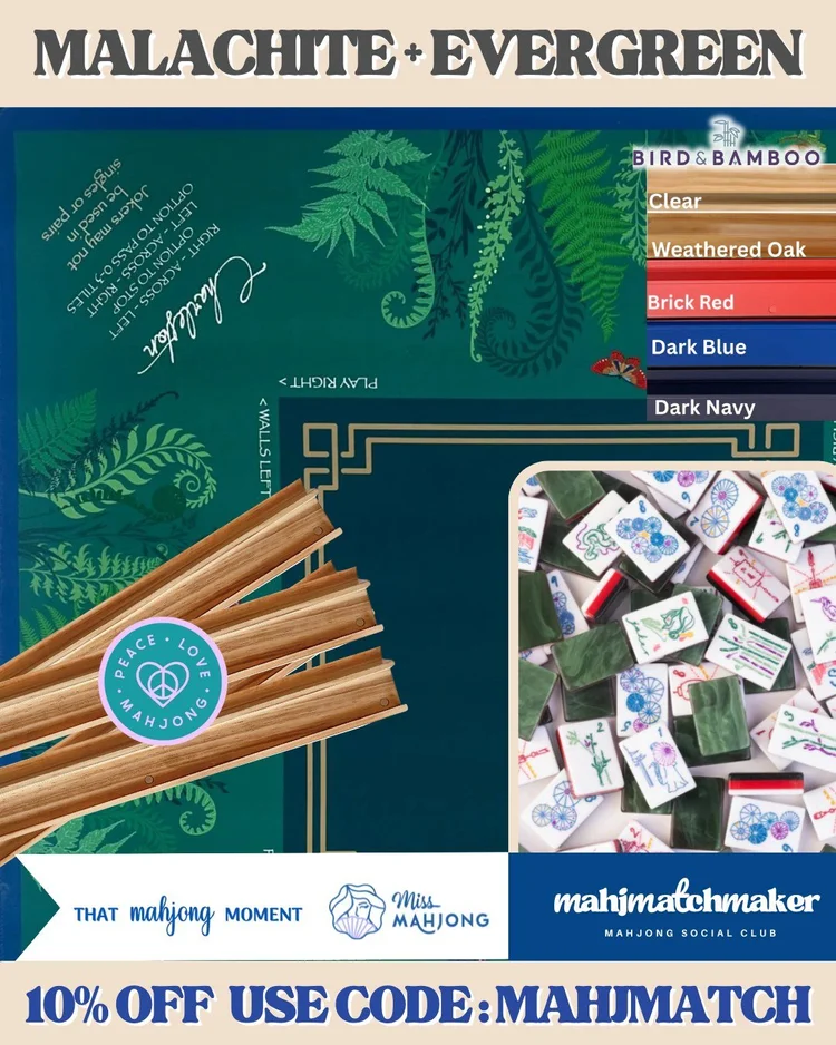 Miss Mahjong Malachite mahjong tiles with That Mahjong Moment Evergreen mahjong mat