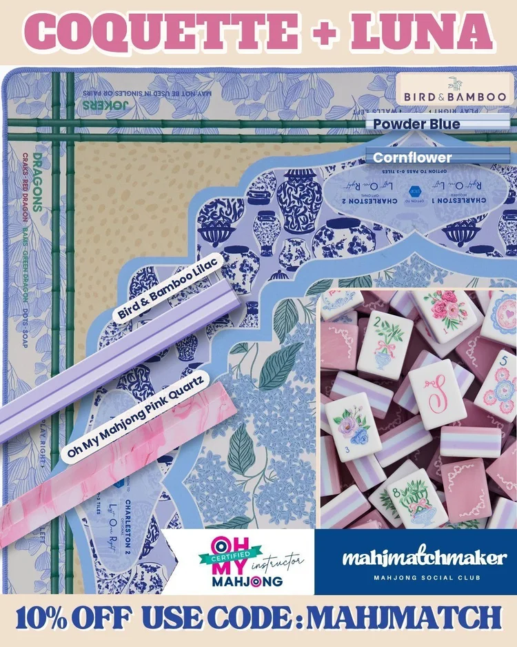 LoveShackFancy Coquette mahjong tiles with Oh My Mahjong Luna mahjong mat