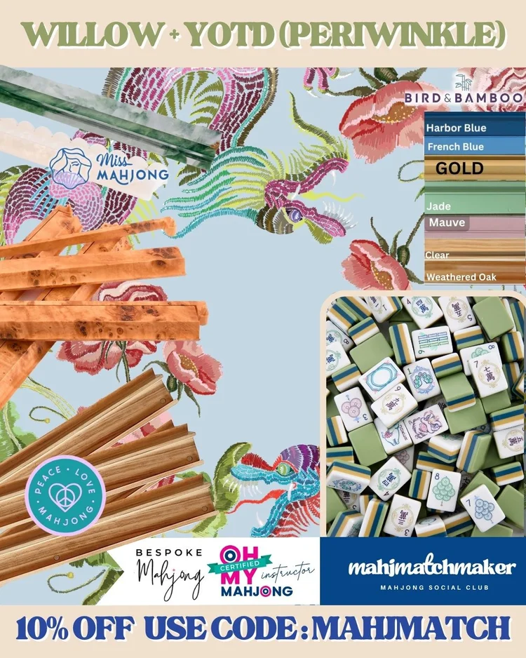 Oh My Mahjong Willow mahjong tiles with Bespoke Mahjong YOTD Periwinkle mahjong mat