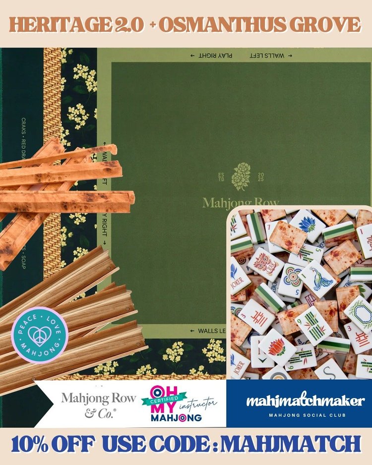 Oh My Mahjong Heritage 2.0 mahjong tiles with Mahjong Row & Co. Osmanthus Grove mahjong mat