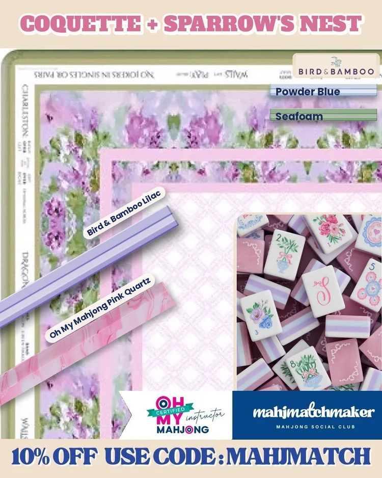 LoveShackFancy Coquette mahjong tiles with Amanda Toppe Sparrow's Nest mahjong mat