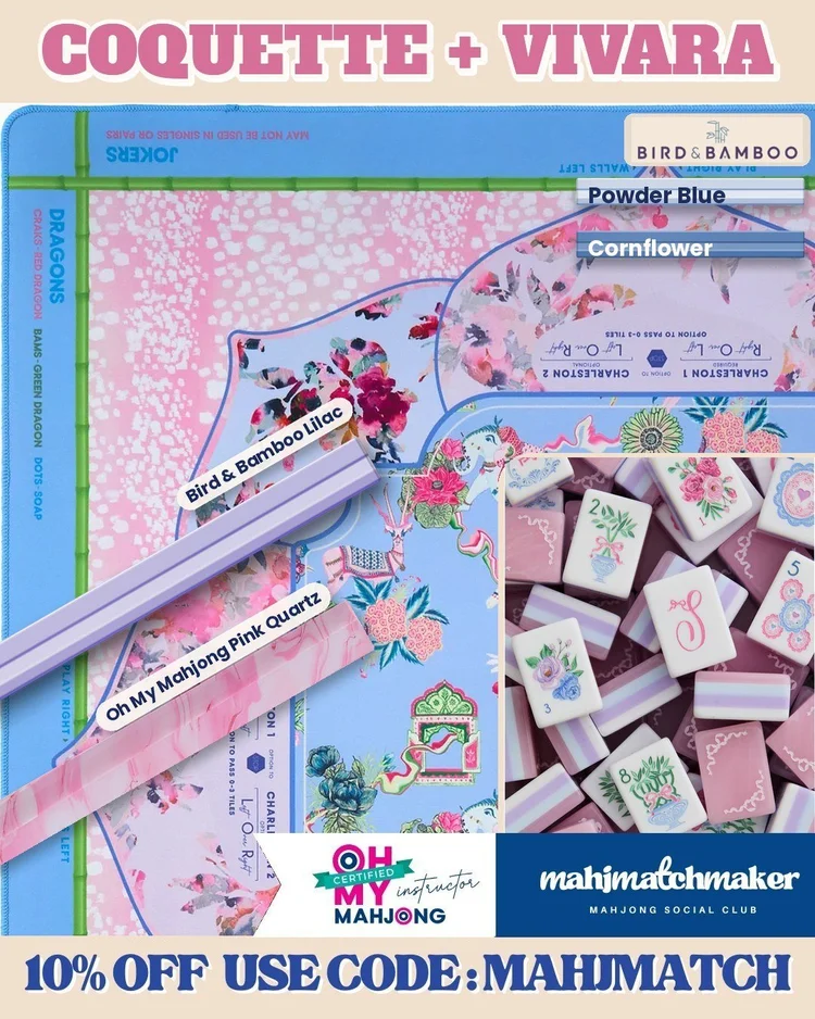 LoveShackFancy Coquette mahjong tiles with Oh My Mahjong Vivara mahjong mat