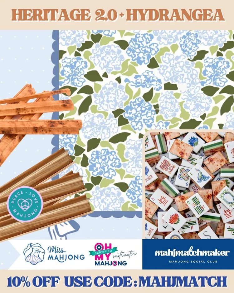 Oh My Mahjong Heritage 2.0 mahjong tiles with Miss Mahjong Hydrangea mahjong mat