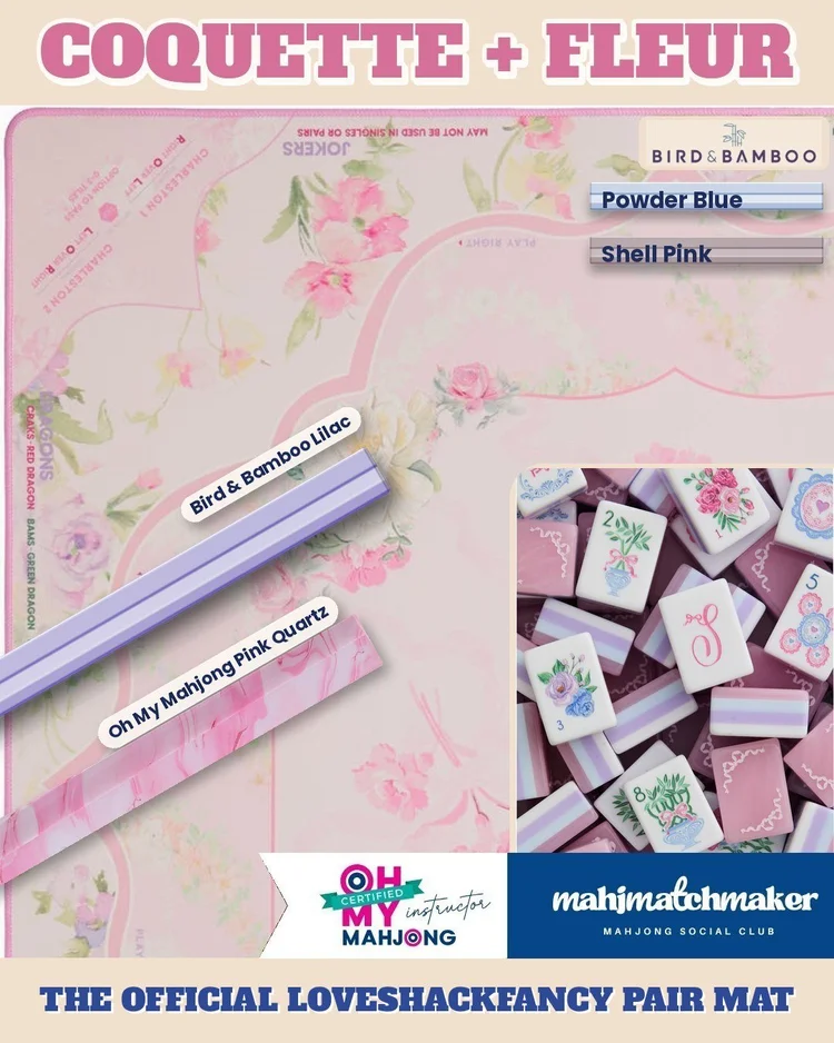 LoveShackFancy Coquette mahjong tiles with LoveShackFancy Fleur mahjong mat