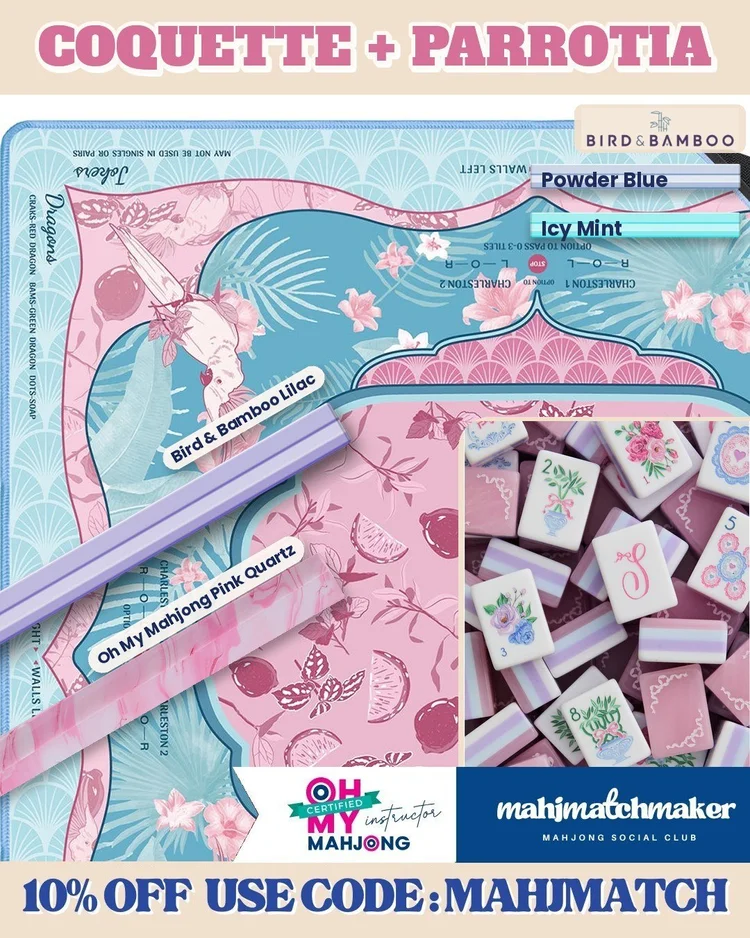 LoveShackFancy Coquette mahjong tiles with Virora Mahjong Parrotia mahjong mat
