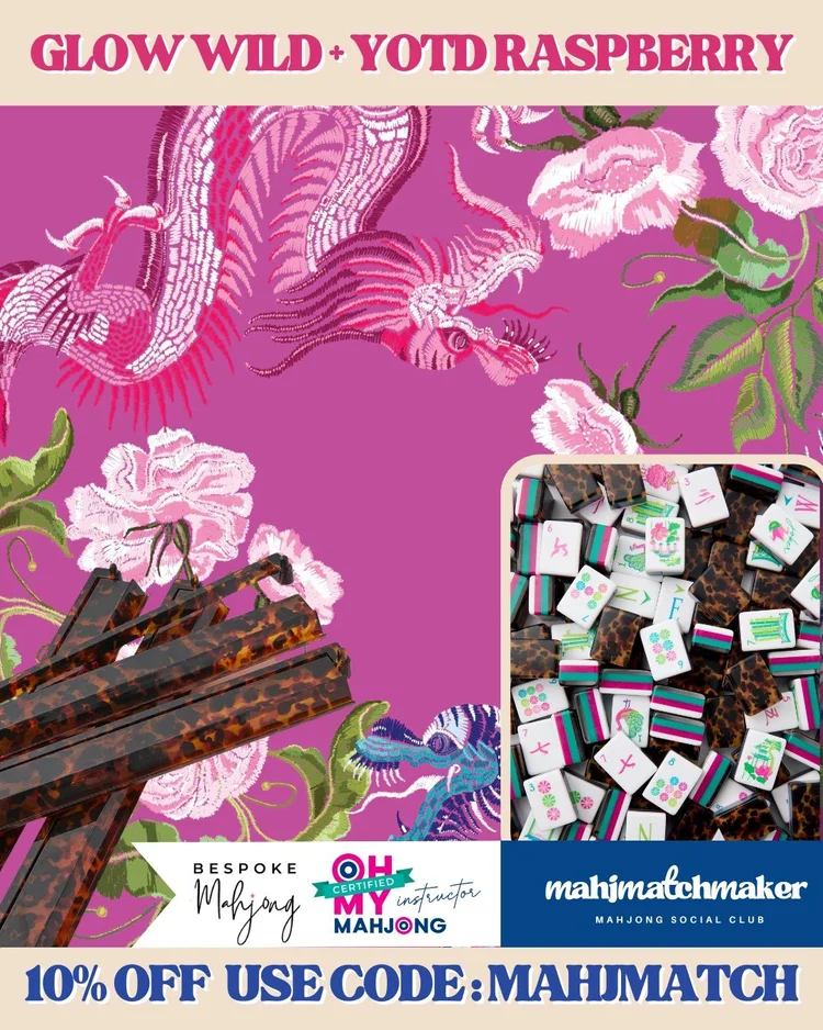 Oh My Mahjong Glow Wild mahjong tiles with Bespoke Mahjong YOTD Raspberry mahjong mat