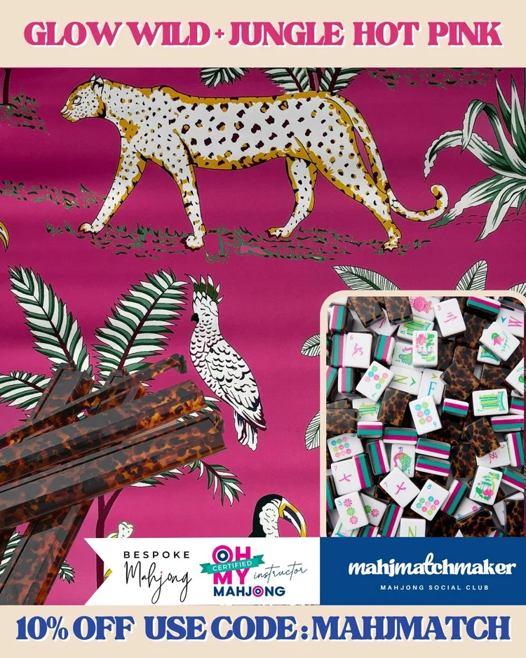 Oh My Mahjong Glow Wild mahjong tiles with Bespoke Mahjong Jungle Hot Pink mahjong mat