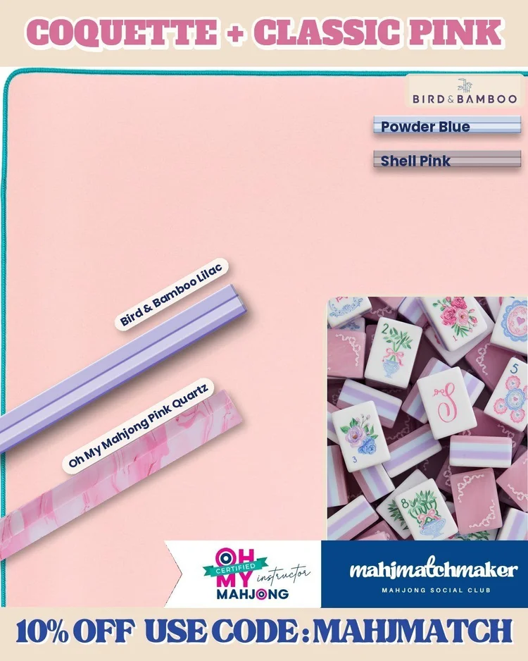 LoveShackFancy Coquette mahjong tiles with Bam Bird Boutique Classic Neoprene in Pink mahjong mat