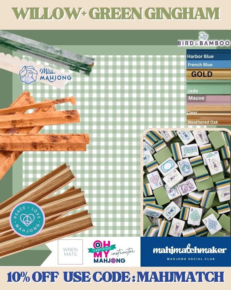 Oh My Mahjong Willow mahjong tiles with Wren Mats Green Gingham mahjong mat