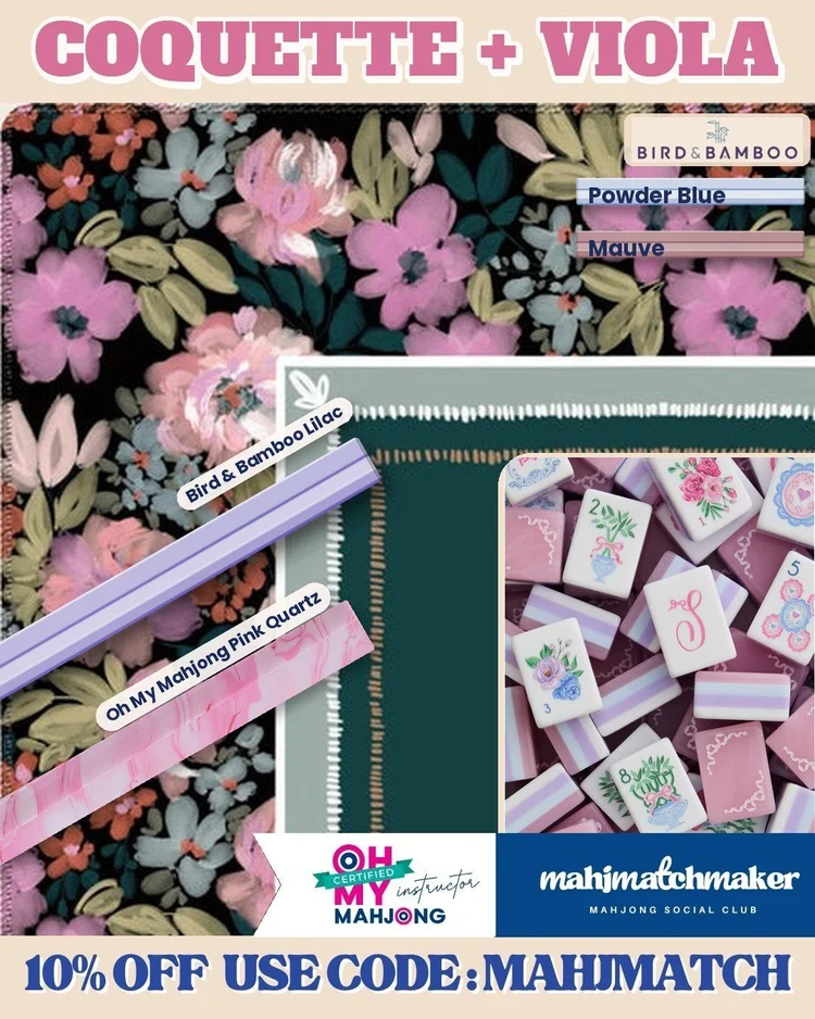 LoveShackFancy Coquette mahjong tiles with Britt Mills Viola mahjong mat